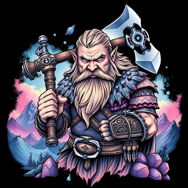 A captivating neo-traditional tattoo design depicting a dwarf warrior from the Lord of the Rings universe, dramatically wielding a large battle axe