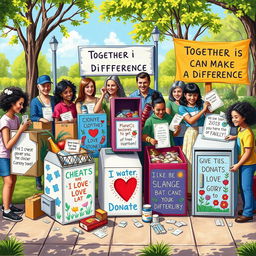 A detailed and heartwarming scene depicting a variety of donation boxes for charity placed in a community setting