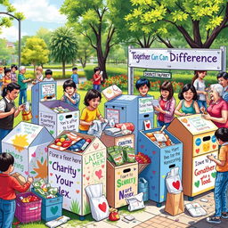 A detailed and heartwarming scene depicting a variety of donation boxes for charity placed in a community setting
