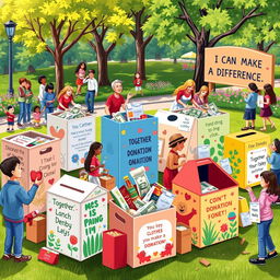 A detailed and heartwarming scene depicting a variety of donation boxes for charity placed in a community setting