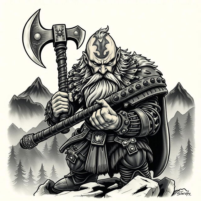 An intense neo-traditional tattoo design featuring a dwarf warrior from the Lord of the Rings universe, prominently showcasing him wielding a large battle axe