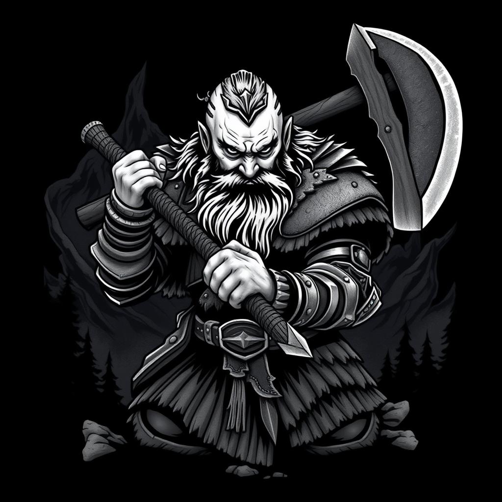 An intense neo-traditional tattoo design featuring a dwarf warrior from the Lord of the Rings universe, prominently showcasing him wielding a large battle axe