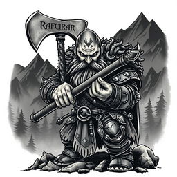 An intense neo-traditional tattoo design featuring a dwarf warrior from the Lord of the Rings universe, prominently showcasing him wielding a large battle axe