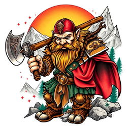 An impressive neo-traditional tattoo design featuring a dwarf warrior from the Lord of the Rings universe, fiercely wielding a large battle axe