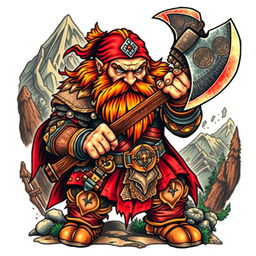An impressive neo-traditional tattoo design featuring a dwarf warrior from the Lord of the Rings universe, fiercely wielding a large battle axe