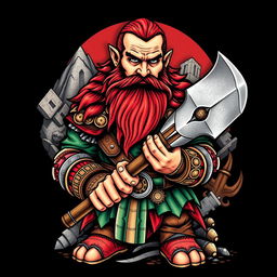 An eye-catching neo-traditional tattoo design showcasing a dwarf warrior from the Lord of the Rings universe, prominently holding a large battle axe
