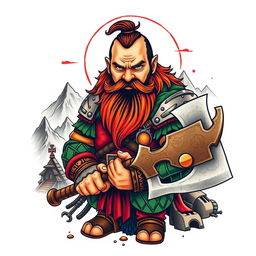 An eye-catching neo-traditional tattoo design showcasing a dwarf warrior from the Lord of the Rings universe, prominently holding a large battle axe