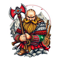 An eye-catching neo-traditional tattoo design showcasing a dwarf warrior from the Lord of the Rings universe, prominently holding a large battle axe