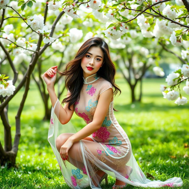 A sexy Vietnamese girl wearing a traditional ao dai that is see-through, positioned in a squat pose, showcasing elegance and allure