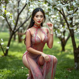 A sexy Vietnamese girl wearing a traditional ao dai that is see-through, positioned in a squat pose, showcasing elegance and allure