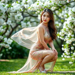 A sexy Vietnamese girl wearing a traditional ao dai that is see-through, positioned in a squat pose, showcasing elegance and allure