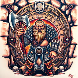 A captivating neo-traditional tattoo design featuring a dwarf warrior from the Lord of the Rings, standing boldly in front of the iconic Doors of Durin, the entrance to Moria