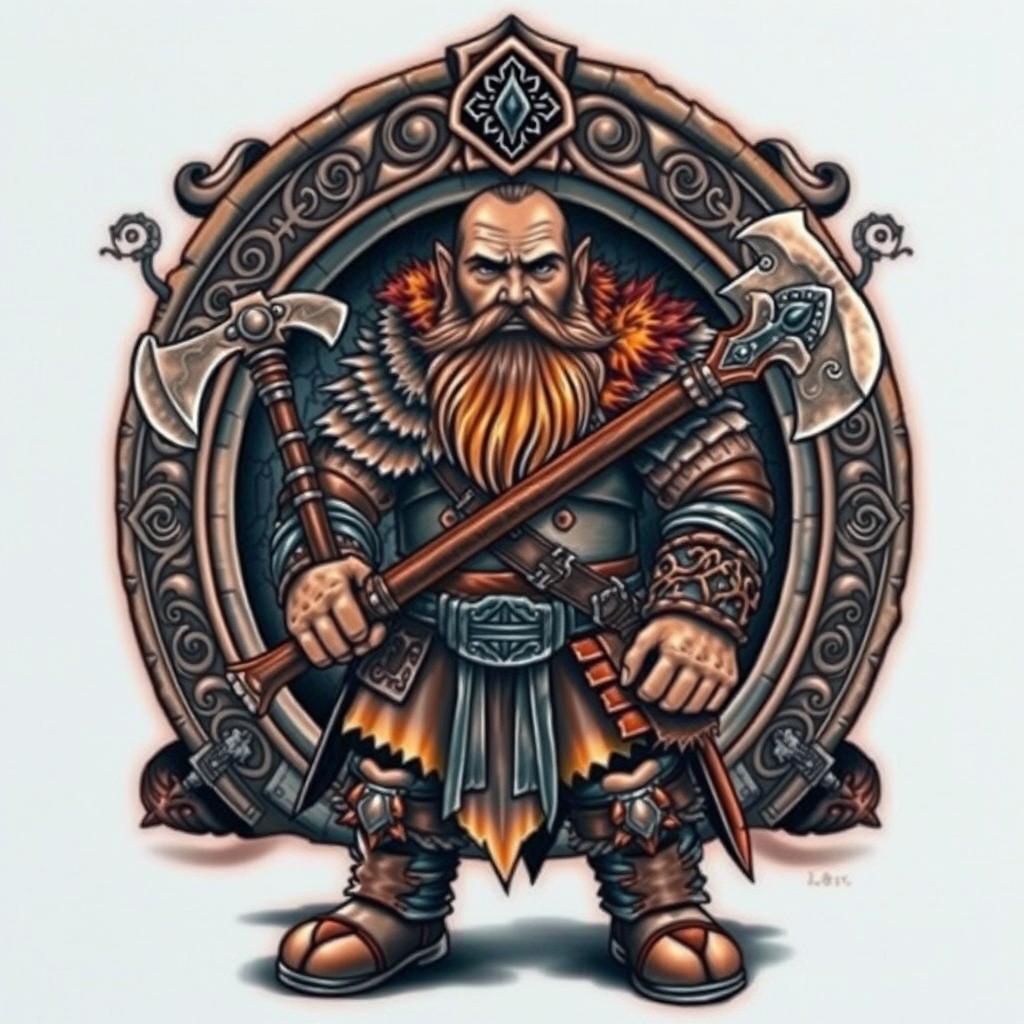 A captivating neo-traditional tattoo design featuring a dwarf warrior from the Lord of the Rings, standing boldly in front of the iconic Doors of Durin, the entrance to Moria