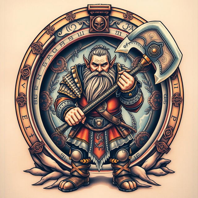 A captivating neo-traditional tattoo design featuring a dwarf warrior from the Lord of the Rings, standing boldly in front of the iconic Doors of Durin, the entrance to Moria