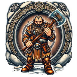 A captivating neo-traditional tattoo design featuring a dwarf warrior from the Lord of the Rings, standing boldly in front of the iconic Doors of Durin, the entrance to Moria
