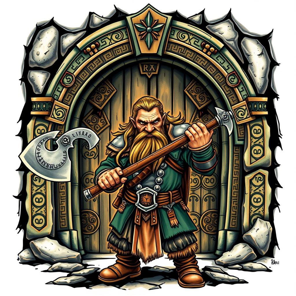 A striking neo-traditional tattoo design featuring a dwarf warrior from the Lord of the Rings, standing valiantly in front of the Doors of Durin, also known as the West Gate of Moria