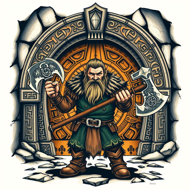 A striking neo-traditional tattoo design featuring a dwarf warrior from the Lord of the Rings, standing valiantly in front of the Doors of Durin, also known as the West Gate of Moria