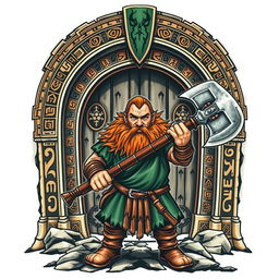 A striking neo-traditional tattoo design featuring a dwarf warrior from the Lord of the Rings, standing valiantly in front of the Doors of Durin, also known as the West Gate of Moria