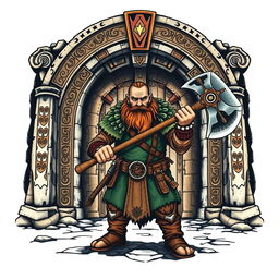 A striking neo-traditional tattoo design featuring a dwarf warrior from the Lord of the Rings, standing valiantly in front of the Doors of Durin, also known as the West Gate of Moria