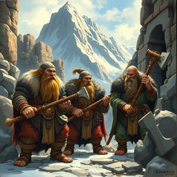 A detailed illustration capturing the essence of dwarves from Tolkien's lore, depicting them as an ancient and resilient people