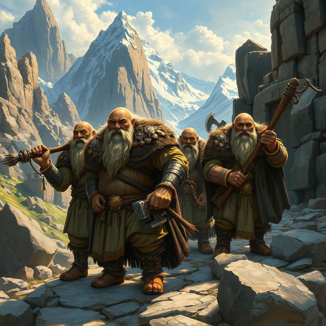 A detailed illustration capturing the essence of dwarves from Tolkien's lore, depicting them as an ancient and resilient people