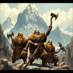 A detailed illustration capturing the essence of dwarves from Tolkien's lore, depicting them as an ancient and resilient people