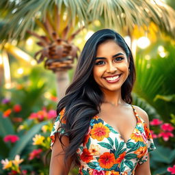 A stunning portrait of a Latina woman, showcasing her beautiful features with long, flowing dark hair and warm brown skin