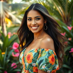 A stunning portrait of a Latina woman, showcasing her beautiful features with long, flowing dark hair and warm brown skin