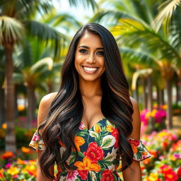 A stunning portrait of a Latina woman, showcasing her beautiful features with long, flowing dark hair and warm brown skin