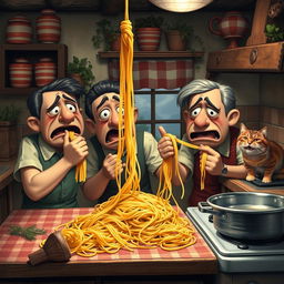 A humorous scene of Italian people dramatically crying over broken spaghetti, set in a quaint Italian kitchen