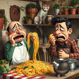 A humorous scene of Italian people dramatically crying over broken spaghetti, set in a quaint Italian kitchen