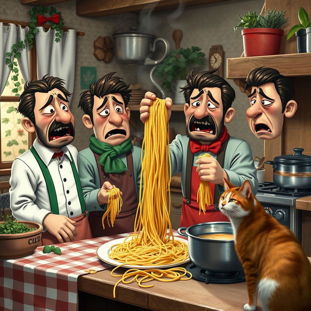 A humorous scene of Italian people dramatically crying over broken spaghetti, set in a quaint Italian kitchen