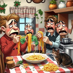 A humorous scene of Italian people dramatically crying over broken spaghetti, set in a quaint Italian kitchen