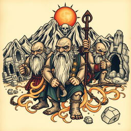 A detailed neo-traditional tattoo design depicting ancient dwarves, inspired by Tolkien's lore