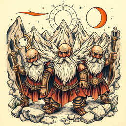 A detailed neo-traditional tattoo design depicting ancient dwarves, inspired by Tolkien's lore