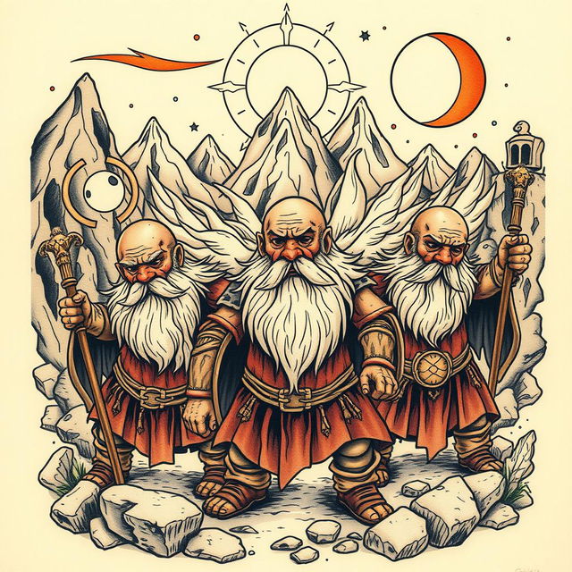 A detailed neo-traditional tattoo design depicting ancient dwarves, inspired by Tolkien's lore