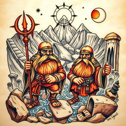 A detailed neo-traditional tattoo design depicting ancient dwarves, inspired by Tolkien's lore