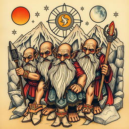 A detailed neo-traditional tattoo design depicting ancient dwarves, inspired by Tolkien's lore