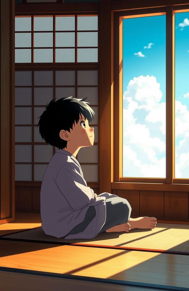 A serene scene of a young Japanese boy sitting by a window, gazing dreamily at the sky filled with soft, fluffy clouds