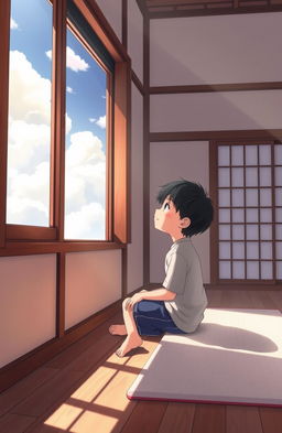 A serene scene of a young Japanese boy sitting by a window, gazing dreamily at the sky filled with soft, fluffy clouds