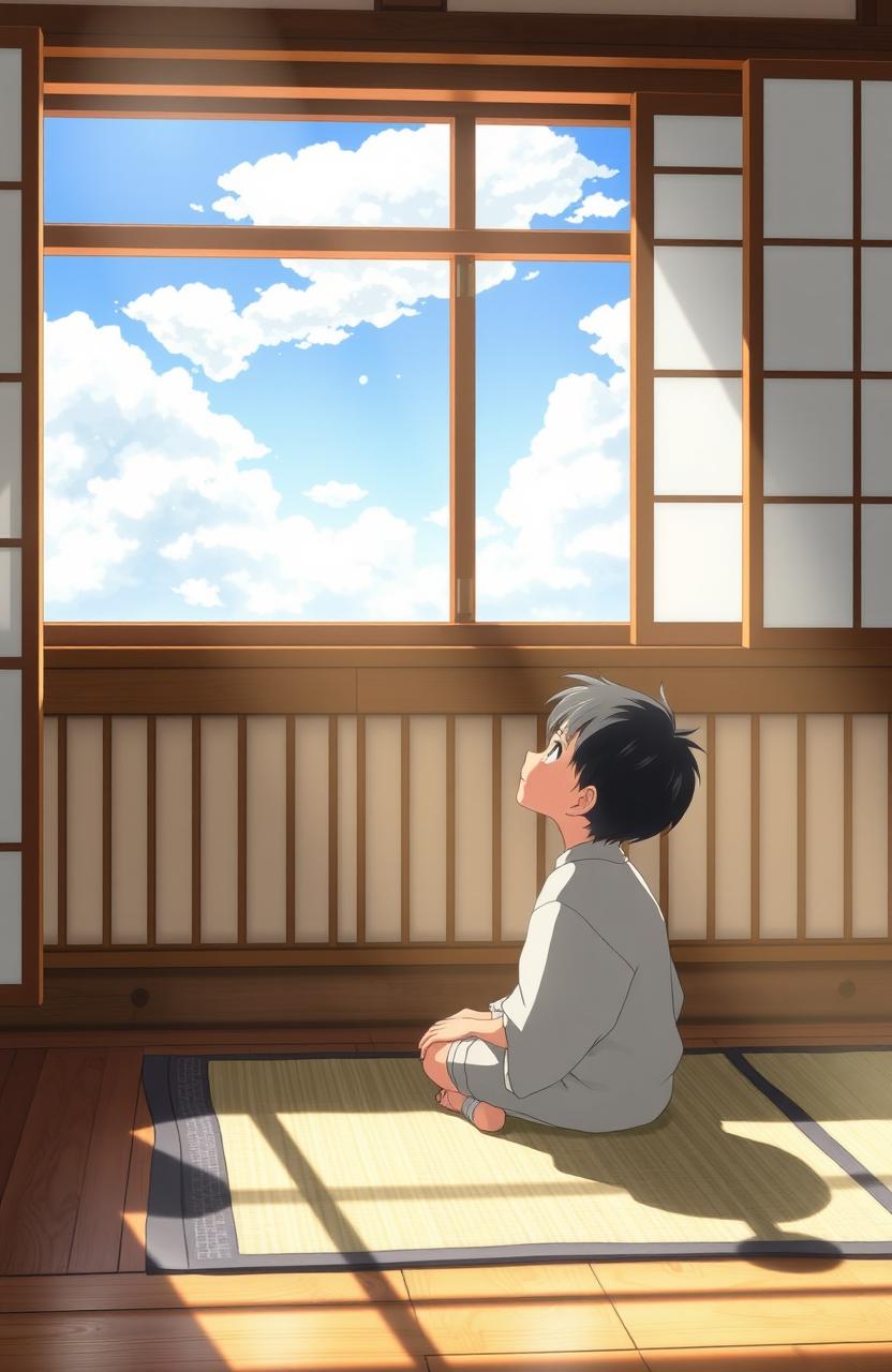 A serene scene of a young Japanese boy sitting by a window, gazing dreamily at the sky filled with soft, fluffy clouds