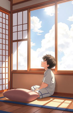 A serene scene of a young Japanese boy sitting by a window, gazing dreamily at the sky filled with soft, fluffy clouds