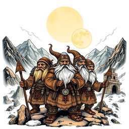 A captivating neo-traditional tattoo design of ancient dwarves inspired by Tolkien's mythos