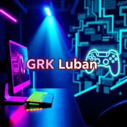 A captivating internet cafe poster featuring vibrant LED lights, prominently displaying the name 'GRK Luban' in a bold, modern font
