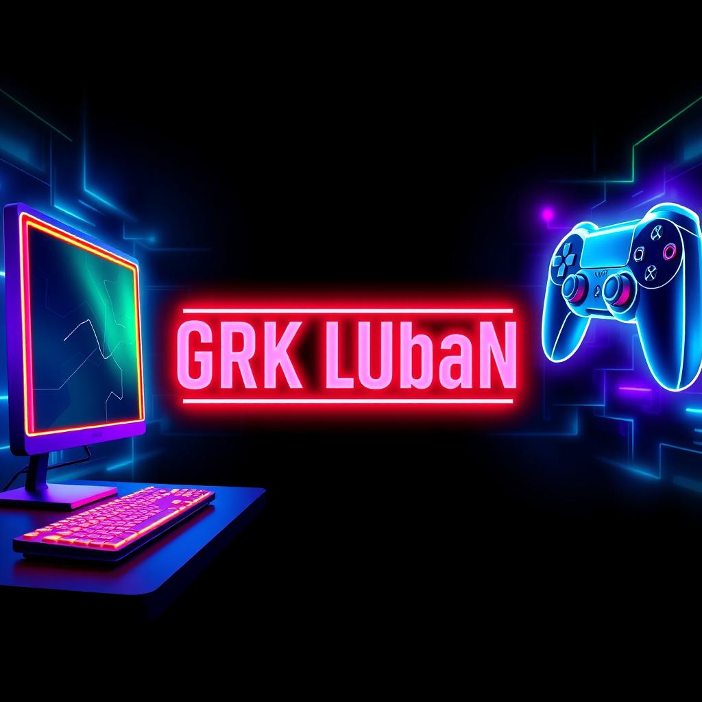 A captivating internet cafe poster featuring vibrant LED lights, prominently displaying the name 'GRK Luban' in a bold, modern font