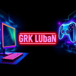 A captivating internet cafe poster featuring vibrant LED lights, prominently displaying the name 'GRK Luban' in a bold, modern font