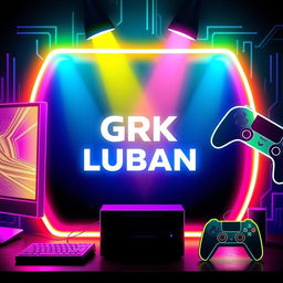 A captivating internet cafe poster featuring vibrant LED lights, prominently displaying the name 'GRK Luban' in a bold, modern font