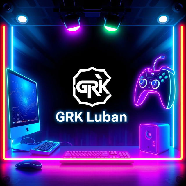 A captivating internet cafe poster featuring vibrant LED lights, prominently displaying the name 'GRK Luban' in a bold, modern font