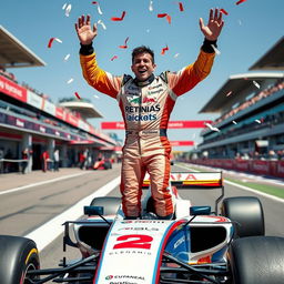 Franco Colapinto celebrating on the Formula 1 track, standing excitedly on top of his sleek Formula 1 car, wearing a colorful racing suit with sponsor logos, an ecstatic expression on his face, confetti raining down around him, the pit lane bustling with team members in the background, vibrant banners, and the cheering crowd visible, clear blue sky above, dynamic composition capturing the joy of victory