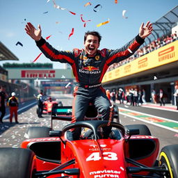 Franco Colapinto celebrating on the Formula 1 track, standing excitedly on top of his sleek Formula 1 car, wearing a colorful racing suit with sponsor logos, an ecstatic expression on his face, confetti raining down around him, the pit lane bustling with team members in the background, vibrant banners, and the cheering crowd visible, clear blue sky above, dynamic composition capturing the joy of victory